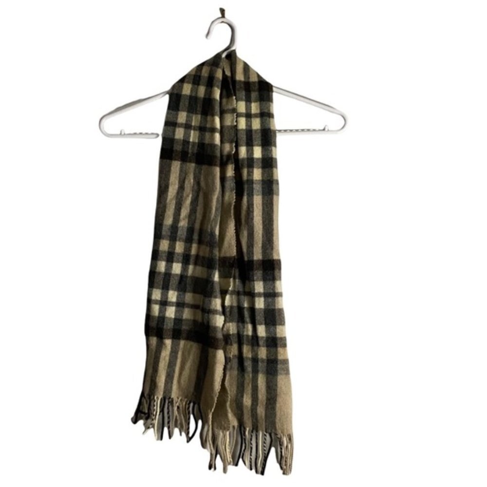 Women's Tan and Black Plaid Fringed Scarf